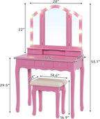 Tiptiper Vanity Desk with Tri-Fold Mirror and Lights, Makeup Vanity with Wood Upholstered Stool, Makeup Desk with 5 Drawers & 8 Jewelry Hooks, Small Vanity, Pink