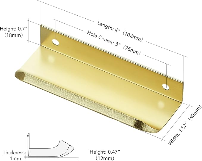Ravinte Hardware 8 Pack Gold Cabinet Handles, 4 Inch (102mm) Finger Edge Pulls, 3 Inch Hole Center, Finger Pulls for Cabinets