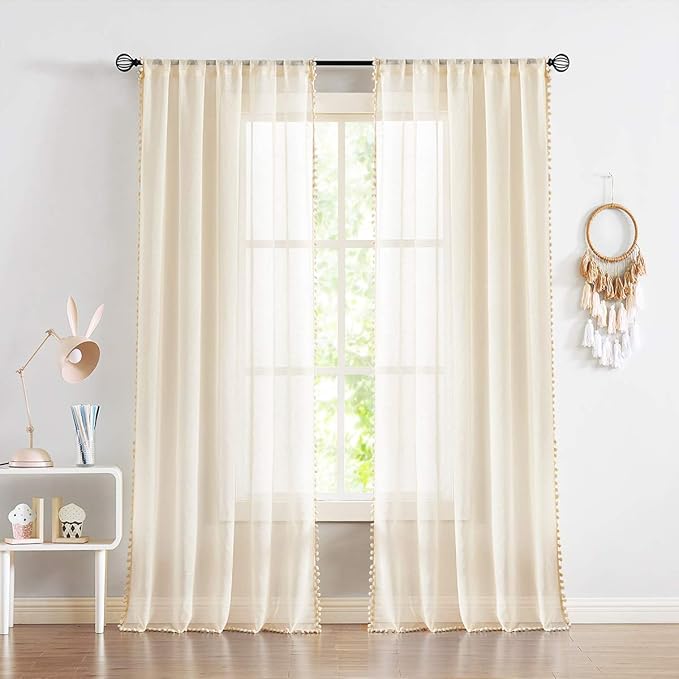 Treatmentex Sheer Linen-Look Curtains 95in Bedroom Decorative Pompom Trimmed Voile for Living Room Slub Textured Natural Window Curtain Panels 2pcs