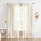 Treatmentex Pompom Linen Sheer Curtains for Living Room Bedroom 72 inches Long Slub Textured Window Curtain Drapes for Office 2 pcs, Beige