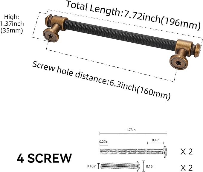 10 Pack 6-1/4" Hole Center(160mm) Black and Antique Brass Kitchen Cabinet Handles Knurled Cabinet Pulls Black Drawer Pulls Kitchen Cabinet Hardware Kitchen Handles Dresser Handles