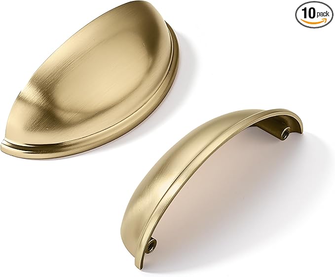 khtumeware 10 Pack 3" Gold Drawer Pulls Brushed Brass Cabinet Cup Pulls Kitchen Hardware Cabinet Handles Drawer Handles Knobs 3 inch Hole Center