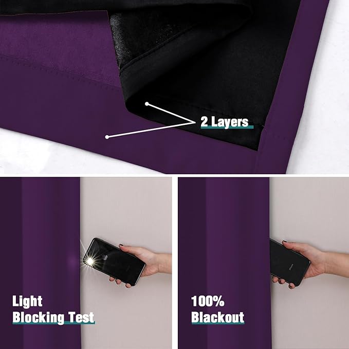 ChrisDowa 100% Blackout Curtains for Bedroom with Black Liner, 2 Thick Layers Total Blackout Thermal Insulated Grommet Window Curtains 2 Panels Set (Royal Purple, 42 x 63 Inch)