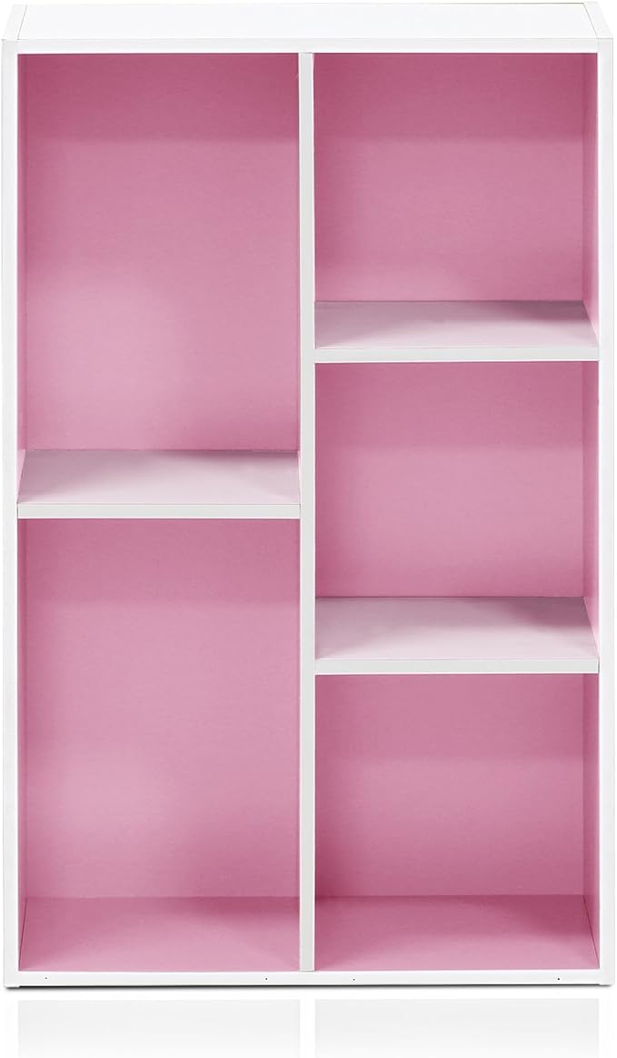 Furinno LUDER Book Shelf, 5-Cube Bookshelf, Reversible Bookcase, 9.4" x 19.5" x 31.5", for Living Room, Bedroom, Home Office, White/Pink