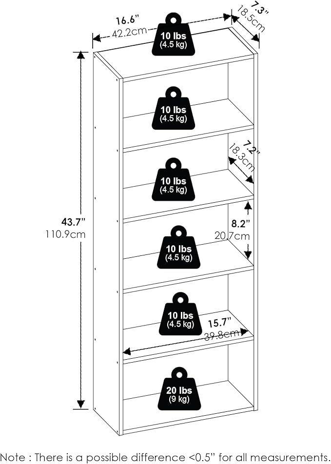Furinno Basic Book Shelf, 5-Tier Bookshelf, Cube Storage Organizer Bookcase with Open Shelf, 7 x 17 x 44, for Living Room, Bedroom, Home Office, White