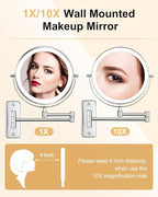 DECLUTTR Rechargeable Wall Mounted Makeup Mirror, 8 Inch 1X/10X Magnifying Mirror with 3 Color Lights, Dimmable LED Lighted Makeup Mirror with Double Sided