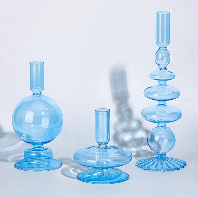 Rtteri 3 Pcs Glass Candlestick Holders Glass Candle Holders Groovy Wavy Elegant Taper Candle Stick for Wedding Home Birthday Party Christmas Halloween Decoration Windowsill Decor(Light Blue)