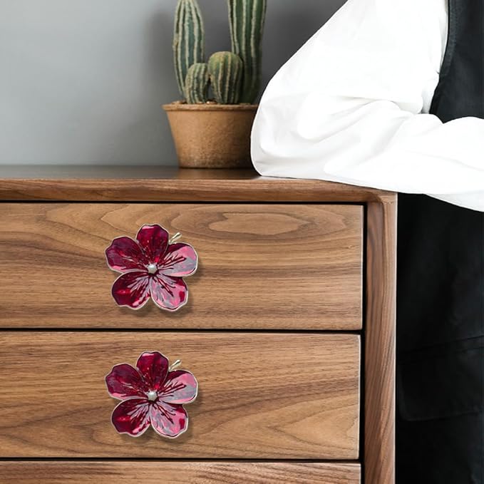 4 Pcs Petal Cabinet Knobs Creativity Flower Shaped Drawer with Metal Handles Screws for Dresser Handles Cabinet Wardrobe Door Handle Decorative Furniture (Red)