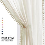 Treatmentex Pom-Pom Polyester Sheer Curtains for Office Outdoor Curtains Bedroom Window Drapes 108 inches Long Rod Pocket Curtain Set for Living Room 2 Pack, Beige