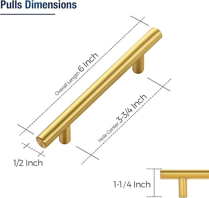 JOY DECOR 3 Pack Cabinet Handles, Gold Cabinet Pulls, 3-3/4 in Hole Center Kitchen Cabinet Handles, Stainless Steel T Bar Handles for Dresser Drawers