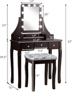 CHARMAID LED Vanity Desk with Lighted Mirror, 10 Dimming Bulbs, 5 Drawers, 3 Storage Organizers, Makeup Vanity Desk with Stool, Bedroom Dressing Table, Gift for Girls Women (Espresso)