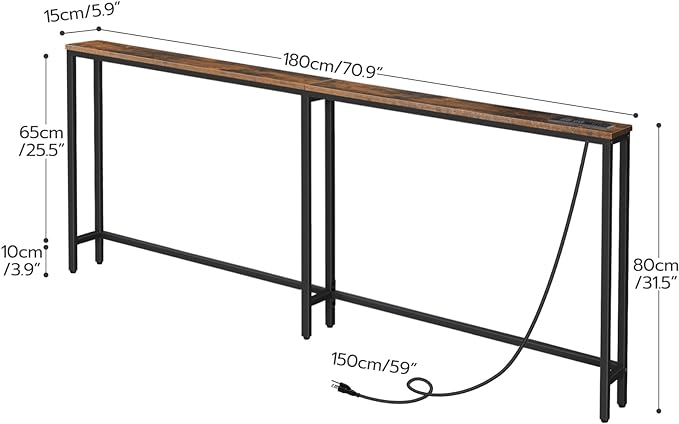 HOOBRO 70.9" Narrow Console Table with Charging Station, 5.9" Sofa Table with 2 Power Outlets and USB Ports, Long Entryway Tables Behind Couch Table, for Hallway, Living Room, Rustic Brown BF185UXG01