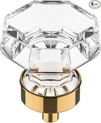Alzassbg 6 Pack Clear Crystal with Polished Brass Cabinet Knobs, 1-3/8 Inch(35mm) Cabinet Hardware Octagon Glass Crystal Knobs for Drawers AL1021BG