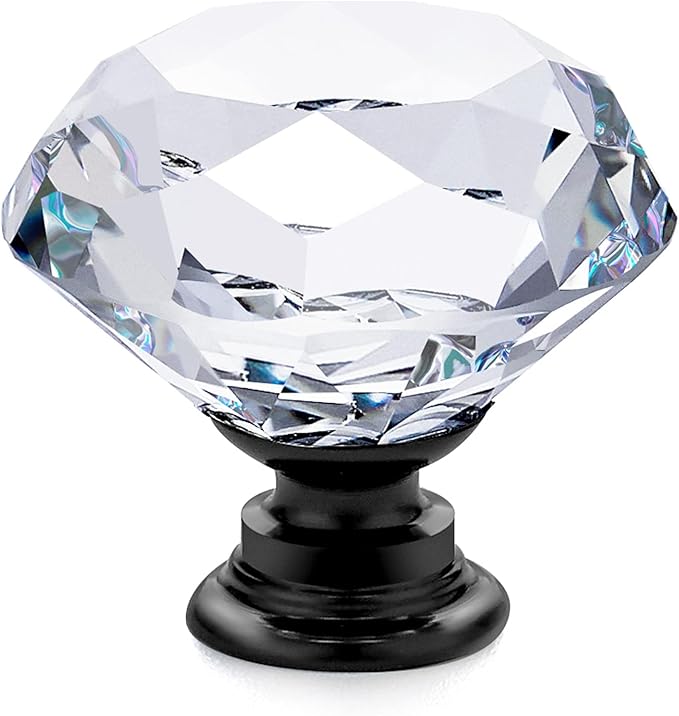 Ravinte 3 Pack Crystal Drawer Knobs - Glass Cabinet Knobs, Diamond Shaped, 30 mm with Black Base