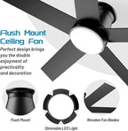 wurzee 52" Flush Mount Low Profile Ceiling Fan, Black,6 Speeds DC Reversible Motor,Timing, Dimmable for Indoor, Patio,Porch, Garage, Shop