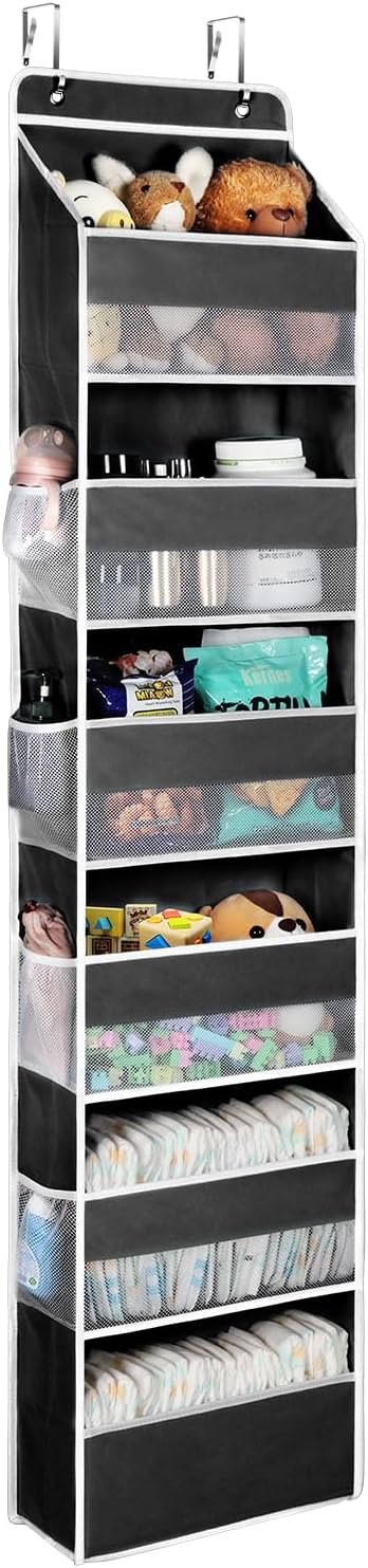 Univivi Door Hanging Organizer Nursery Closet Cabinet Baby Storage with 6 Large Compartments and 8 Side Pockets for Cosmetics, Toys and Sundries (Black)