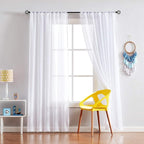 Treatmentex Pom Pom White Sheer Curtains for Living Room 63" Linen Texture Rod Pocket Window Sheers 52" w x 2 Panels, Rod Pocket Drapes