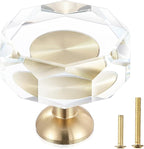 24-Pack 1-1/4-Inch White Cabinet Glass Crystal Patterned knob Brass Drawer Dresser Pulls, Gold Hardware Kitchen Closet knobs for Bifold Doors