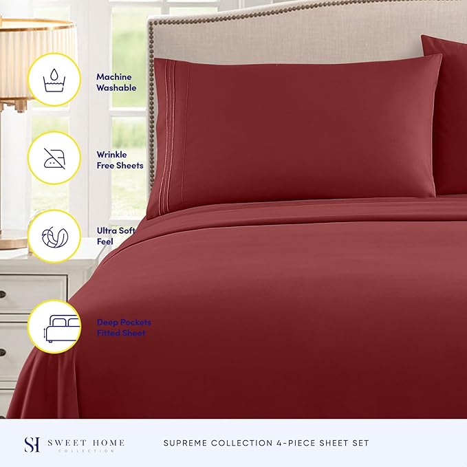 California King Sheet Sets - Breathable Luxury Sheets with Full Elastic & Secure Corner Straps Built In - 1800 Supreme Collection Deep Pocket Bedding Set, Sheet Set, California King, Burgundy
