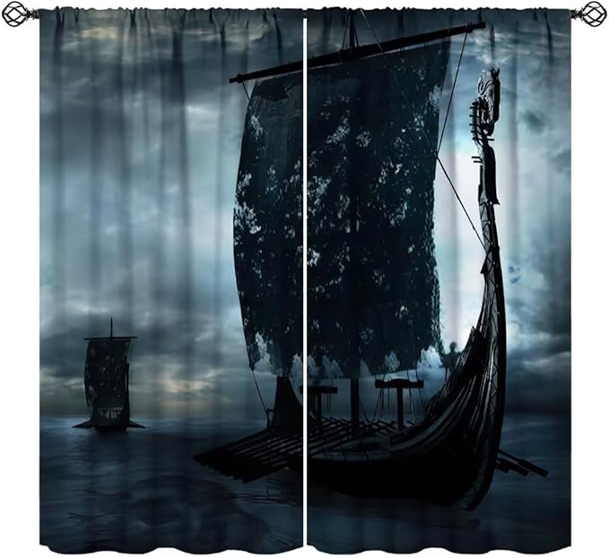Viking Ship Curtains, Night Scene with Black Vikings Dragon Ship Sailing, Vintage Ancient Scandinavian Nautical Print Blackout Window Drapes for Boys Bedroom Living Room 55x63in