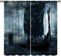 Viking Ship Curtains, Night Scene with Black Vikings Dragon Ship Sailing, Vintage Ancient Scandinavian Nautical Print Blackout Window Drapes for Boys Bedroom Living Room 55x63in