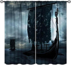 Viking Ship Curtains, Night Scene with Black Vikings Dragon Ship Sailing, Vintage Ancient Scandinavian Nautical Print Blackout Window Drapes for Boys Bedroom Living Room 55x63in