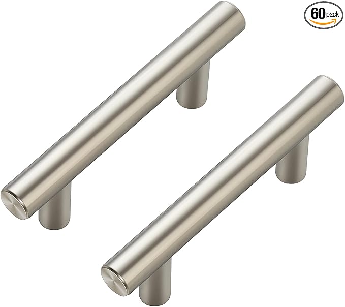 JOY DECOR 60 Pack Cabinet Handles, Brushed Nickel Cabinet Pulls, 2-1/2 in Hole Center Kitchen Cabinet Handles, Stainless Steel T Bar Handles for Dresser Drawers