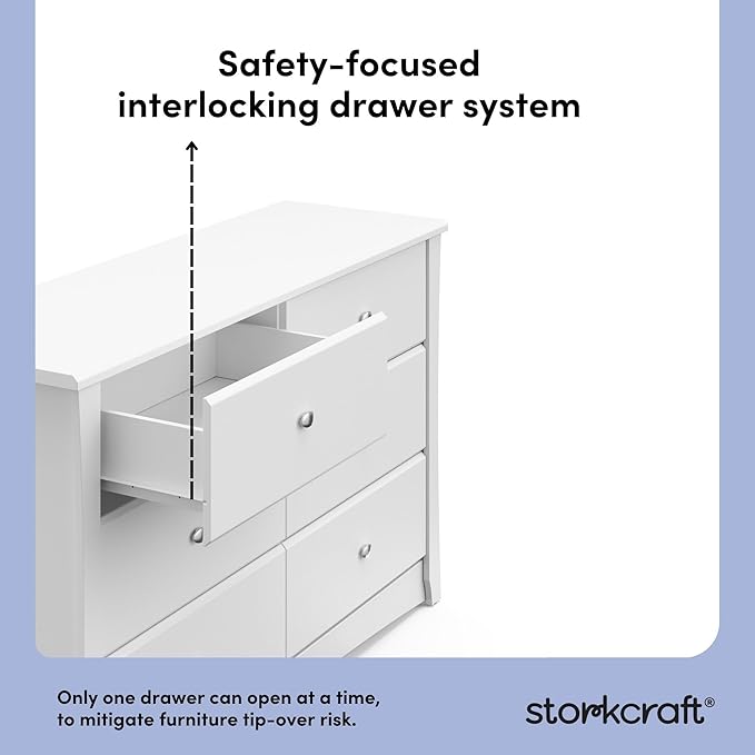 Storkcraft Crescent 6-Drawer Dresser (White) – GREENGUARD Gold Certified, White Dresser for Bedroom, Kids & Nursery Storage Chest, Safety Interlocking Drawers, Pre-Installed Tracks, Kids Chest