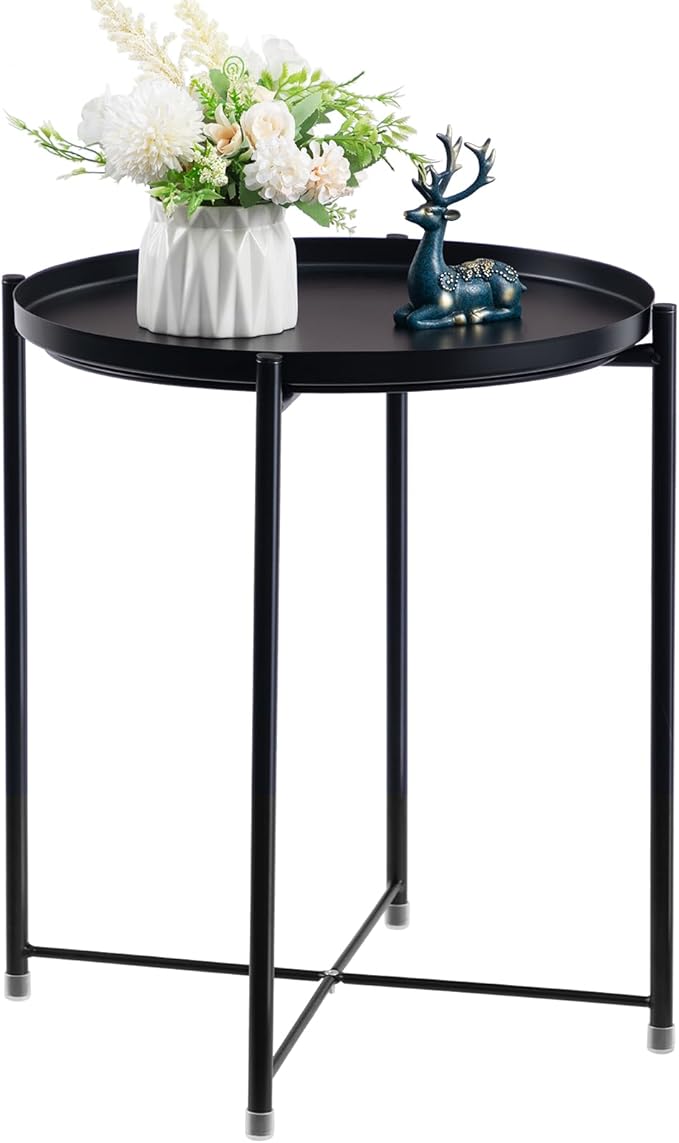 HollyHOME Round Metal Side Table, Outdoor Small Folding Accent Stand with Removable Tray, 17.72'' Portable End Table for Balconies, Gardens, Living Rooms and Bedrooms, Black