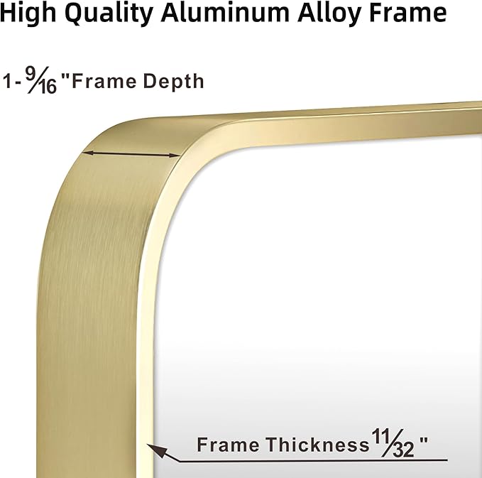 18"x24" Matte Gold Mirror for Wall, Brushed Metal Framed Rounded Corner Rectangular Mirror for Bathroom Vanity,Entryway,Living Room,Bedroom,Vertical or Horizontal