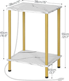 HOOBRO Side Table with Charging Station, Set of 2 End Tables with USB Port and Outlet, Nightstand with 2-Layer Storage Shelves for Small Spaces, Living Room, Bedroom, Gold and Marble DM09UBZP201