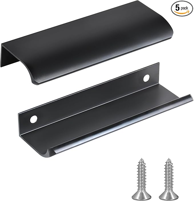 JOOJA 5 Pack Modern Style Finger Edge Pull Furniture Drawer Handles Hidden Cabinet Kitchen Drawer Handles Knobs, Black 120(96) mm
