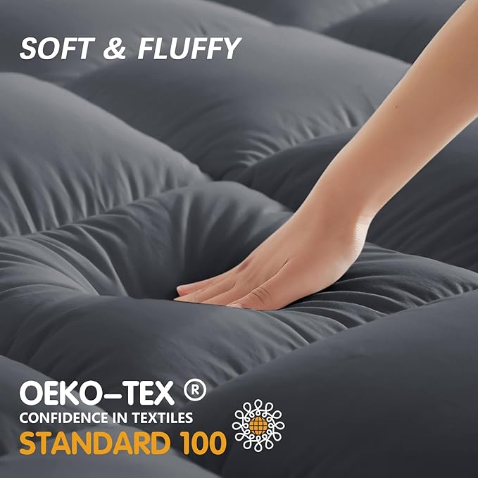 CYMULA Short Queen Mattress Pad, Cooling Bed Topper, Thick Pillow Top, Grey Plush Down Alternative Fill