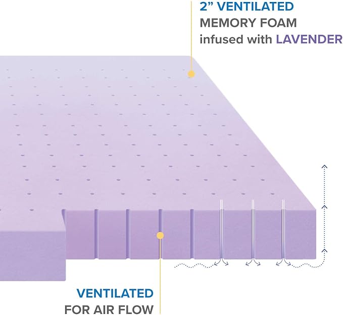 Mellow 2 Inch Ventilated Memory Foam Mattress Topper, Soothing Lavender Infusion, CertiPUR-US Certified, Full