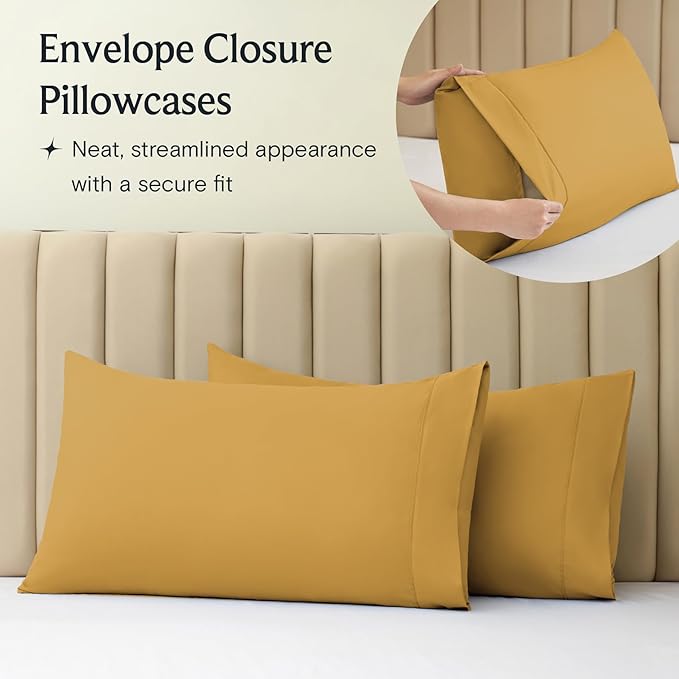 LuxClub 4 PC King Sheet Set, Deep Pockets Wrinkle Free Cooling Bed Sheets Hotel Bedding for Women, Men, Kids & Teens, Includes 1 Fitted Sheet, 1 Flat Sheet and 2 Pillowcases -Medallion Gold