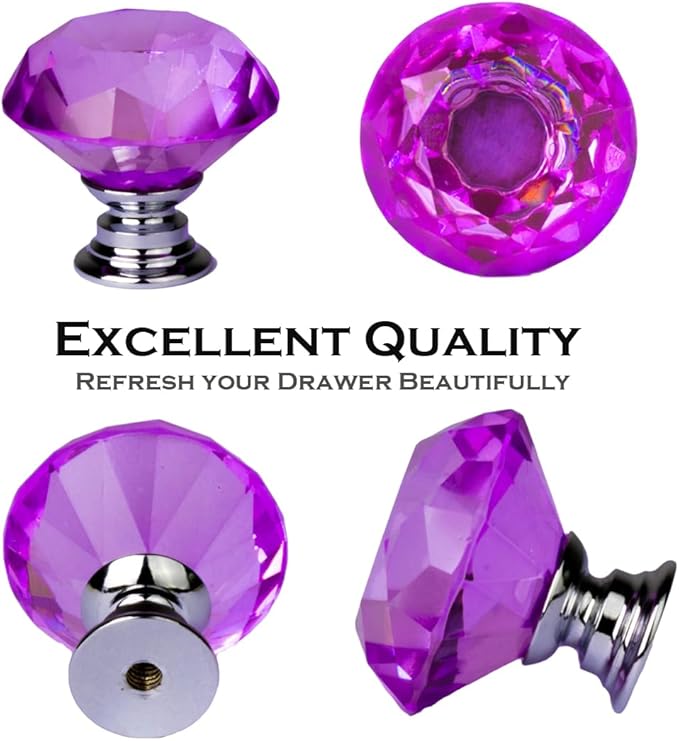 DEELF 30 Packs Kitchen Cabinet Knobs, 30 mm Crystal Cabinet Knobs, Diamond Dresser Handle Drawer Pulls, Dresser Knobs for Cabinets and Drawers, Purple