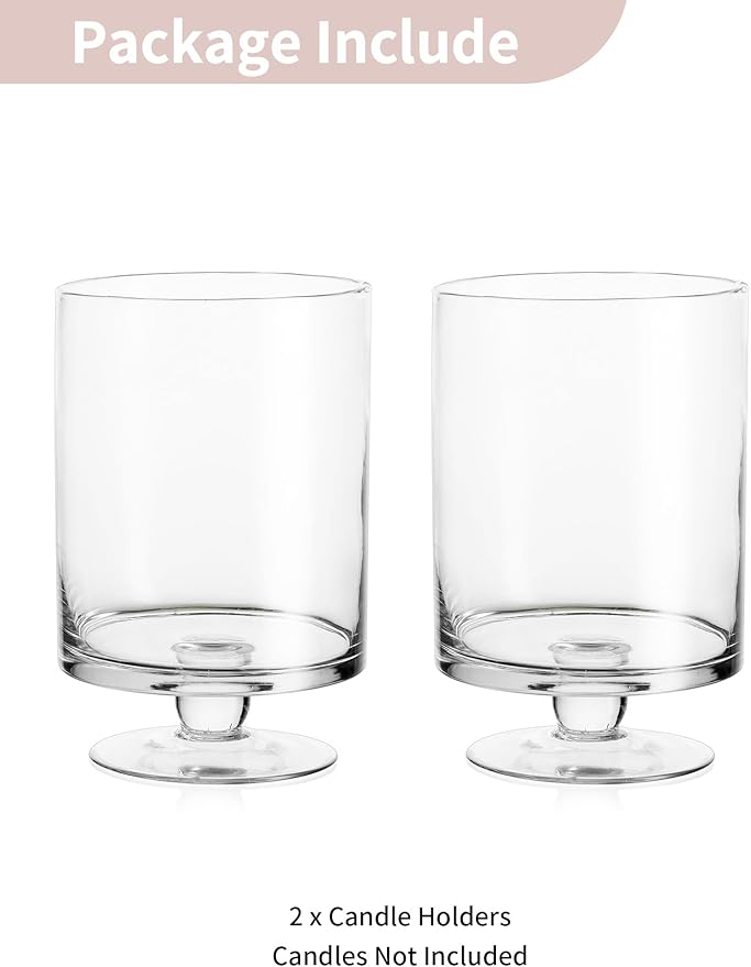 Nuptio 2 Pcs Glass Flower Vase - Large Pillar Candle Holder, 8.7in Tall Glass Cylinder Candle Holder Hurricane Ornament for Wedding Party Dining Table Home Centerpieces Housewarming Gift