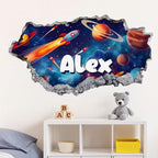 Personalized Space 3D Wall Hole Decal for Kids Room – Custom Name Rocket Galaxy Planet Wall Sticker for Boys Bedroom – Outer Space Themed Wall Art for Nursery Playroom – Removable Vinyl Decor