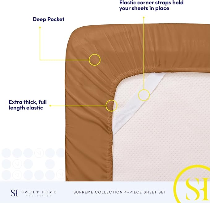 Queen Size Bed Sheets - Breathable Luxury Sheets with Full Elastic & Secure Corner Straps Built In - 1800 Supreme Collection Extra Soft Deep Pocket Bedding Set, Sheet Set, Queen, Mocha