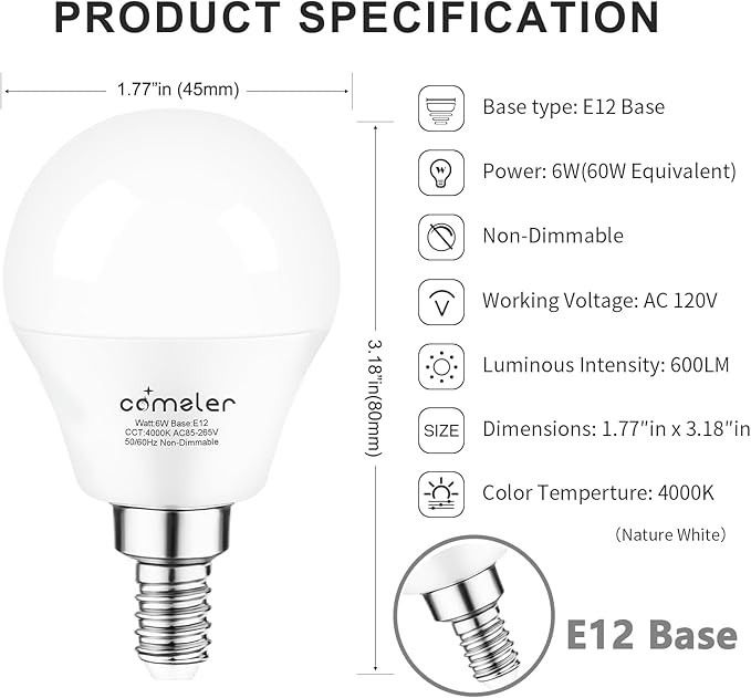 comzler Ceiling Fan Light Bulbs Candelabra LED Bulbs - 60 watt Equivalent, 4000K Cool White Candelabra E12 Base A15 Shape Light Bulbs for Ceiling Fan,600lm,Non-Dimmable, Pack of 6