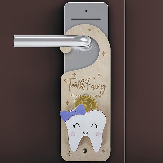 Tooth Fairy Door Hanger, Wooden Tooth Fairy Money Holder with Tooth Coins for Lost Tooth Kids Gifts (Purple)