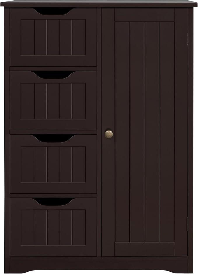 Yaheetech Wooden Bathroom Floor Cabinet, Side Storage Organizer Cabinet with 4 Drawers and 1 Cupboard, Freestanding Entryway Storage Unit Console Table, Home Decor Furniture, Brown