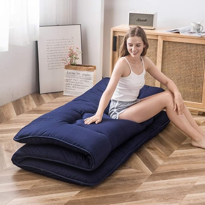 MAXYOYO Japanese Floor Mattress Futon Mattress, Thicken Tatami Mat Sleeping Pad Foldable Roll Up Mattress Boys Girls Dormitory Mattress Pad Kids Floor Lounger Pillow Bed, Navy, Full