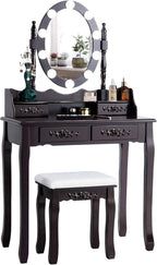 Giantex Makeup Vanity Table with 10 LED Lights, Adjustable Brightness, 3 Color Light Modes, 4 Drawers, Rotatable Mirror, Cushioned Stool, Vanity Desk Dressing Table Bedroom Furniture (Espresso)