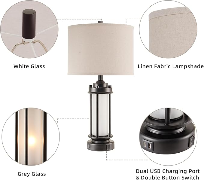 Set of 2 Modern Table Lamps for Living Room Bedroom, 25'' Black Retro Industrial Metal Lamp with Glass Nightlight, Contemporary Desk Lamp for Bedside End Table Office, 4 Bulbs Included