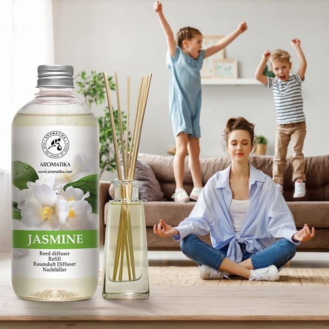 Jasmine Reed Diffuser Refill w/Natural Essential Jasmine Oil 17 Fl Oz - Fresh & Long Lasting Fragrance - Scented Reed Diffuser Oil Refill - Best for Aromatherapy - SPA - Home