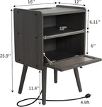 Mid Century Modern Nightstand with Charging Station, Bedside Tables with Glass Door, End Table Side Table with 2 Tiers Storage Space, for Bedroom, Living Room, Dark Grey