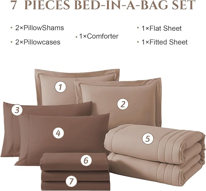 Monbix Queen Comforter Set - 7 Pieces Rust Pink Bed in a Bag Queen Bedding Sets with Comforters, All Seasons Comforter Bed Set with Sheets,Pillowcases & Shams