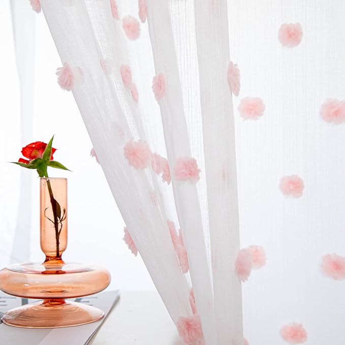 MYSKY HOME Pom Pom Sheer Curtains for Girls' Bedroom & Nursery - Pink, 72 Inch Long, 2 Panels, Light Filtering, Rod Pocket, Semi Window Drapes, 38 x 72 inch