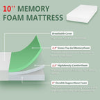 PayLessHere 10 Inch Twin Mattress Green Tea Memory Foam Mattress CertiPUR-US Certified,Medium-firm mattress，Removable Soft Cover,Fiberglass Free,Twin mattresses for Bed Frame, Bunk Bed, Trundle, White